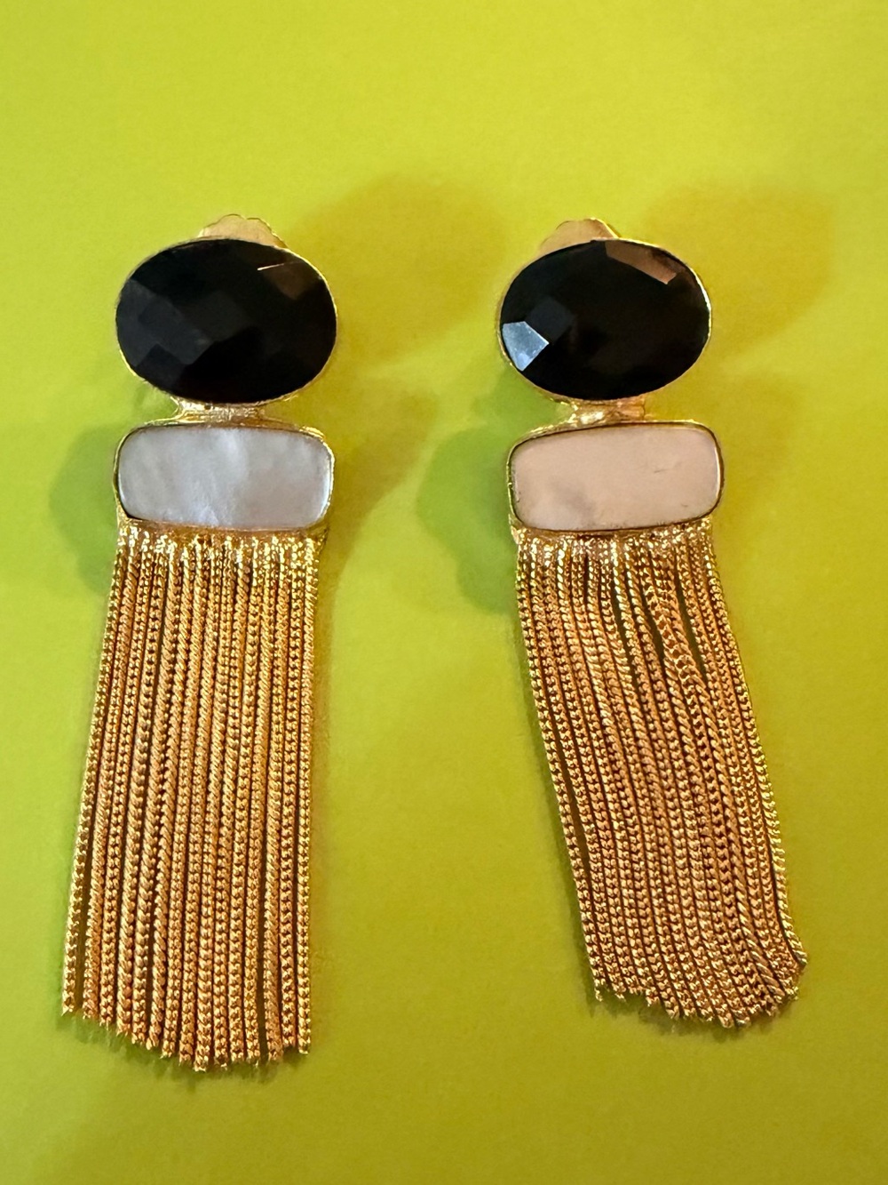 Gold Tassel Drop Earrings with Black Onyx and Mother Of Pearl